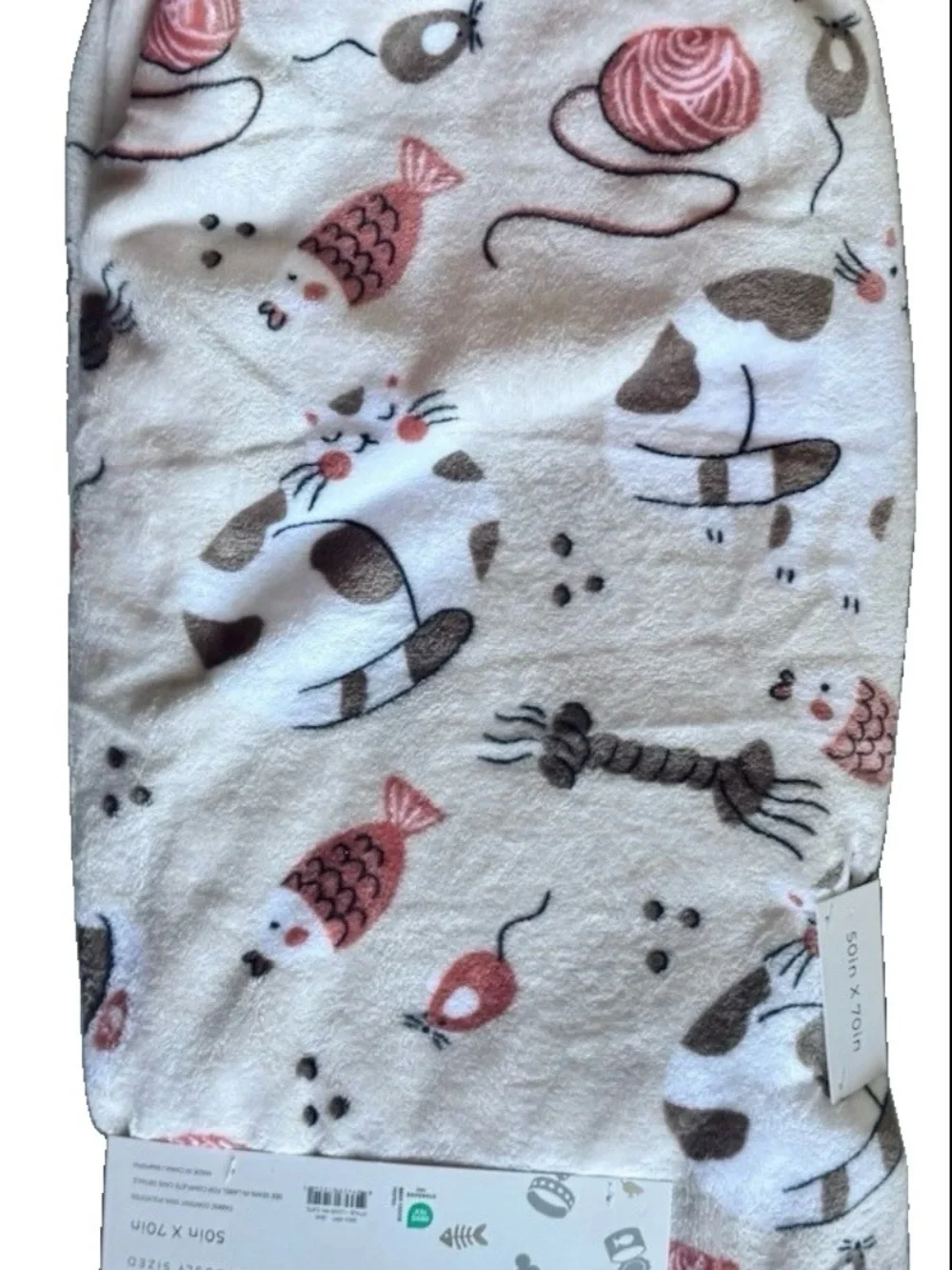 Happy Tails Adorable Throw Blanket for Pets & People w/Cats, Cat Toys, Fish NWT